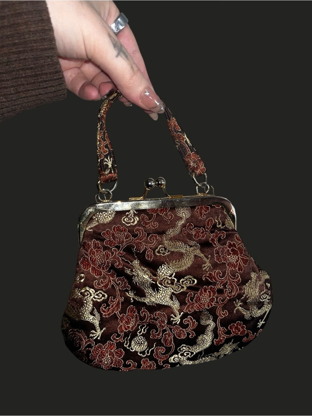 Embroidered Dragon Brocade Handbag in Brown